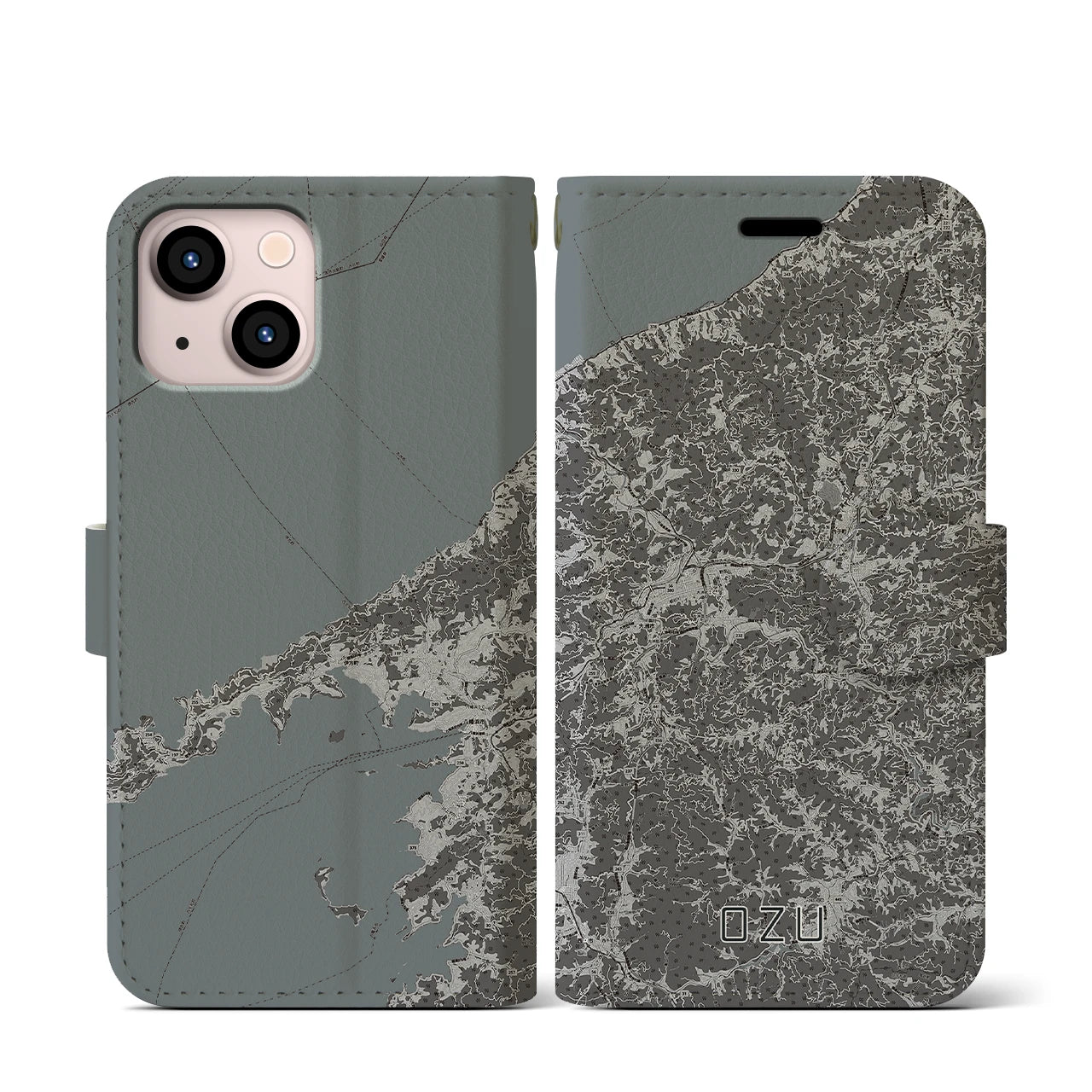 【大洲(愛媛県)】地図柄iPhoneケース(手帳タイプ)モノトーン・iPhone 13 mini 用