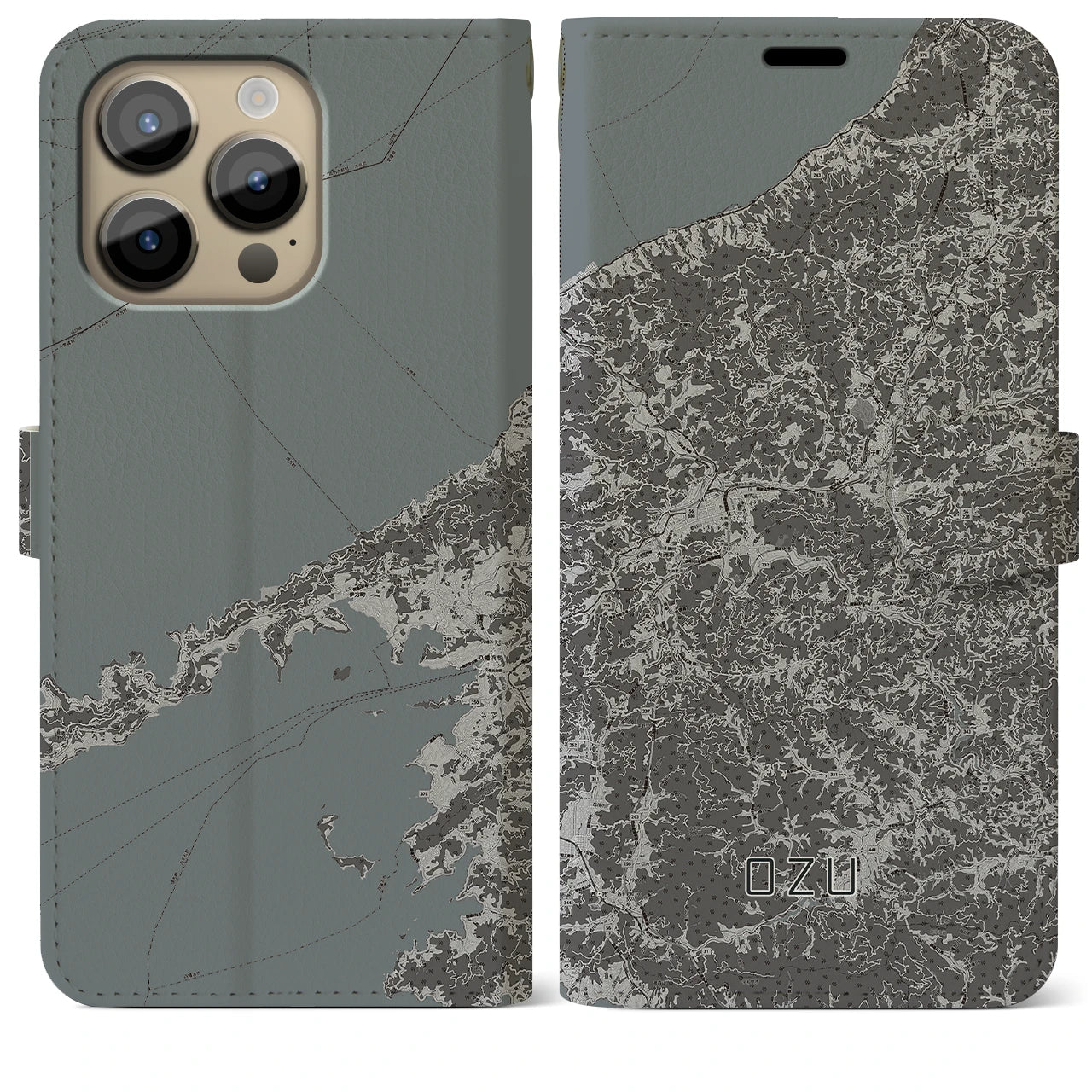 【大洲(愛媛県)】地図柄iPhoneケース(手帳タイプ)モノトーン・iPhone 14 Pro Max 用