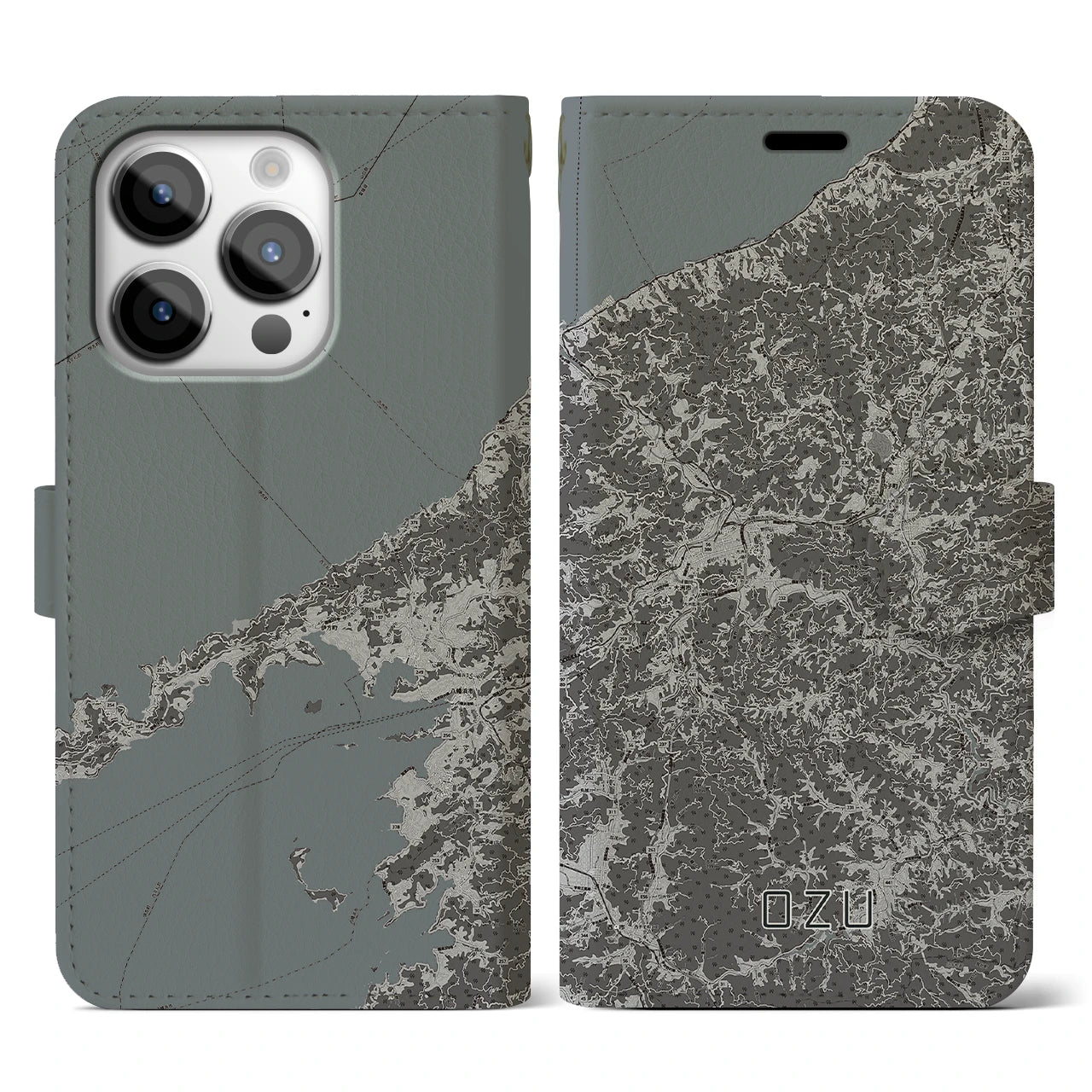 【大洲(愛媛県)】地図柄iPhoneケース(手帳タイプ)モノトーン・iPhone 14 Pro 用