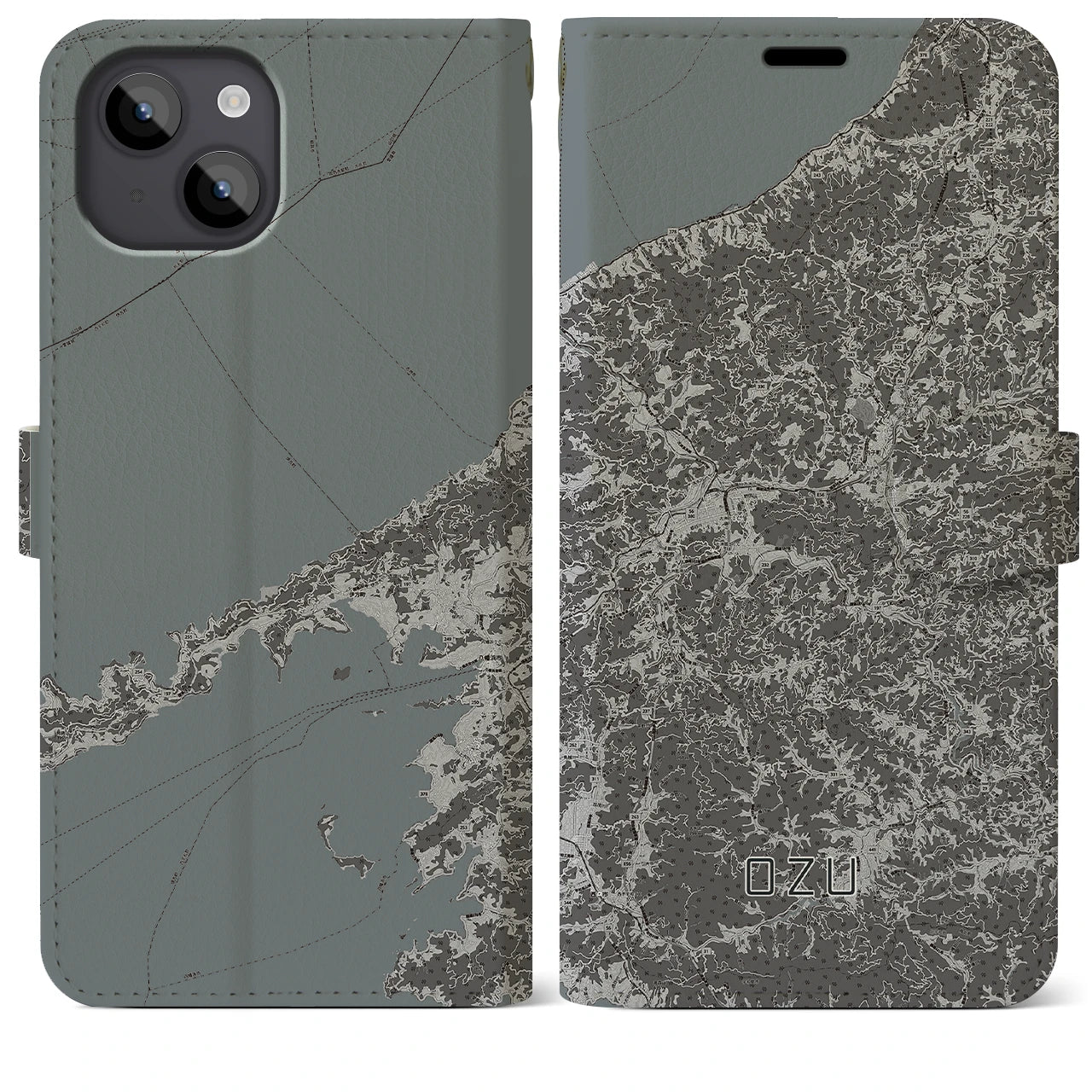 【大洲(愛媛県)】地図柄iPhoneケース(手帳タイプ)モノトーン・iPhone 14 Plus 用