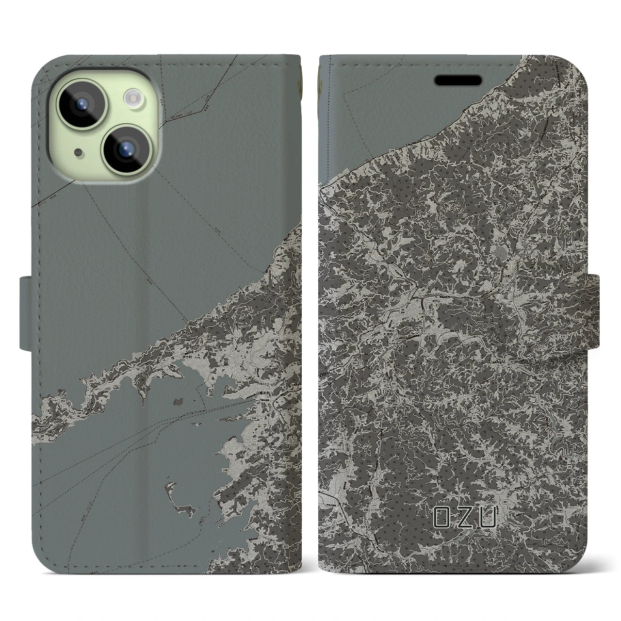 【大洲(愛媛県)】地図柄iPhoneケース(手帳タイプ)モノトーン・iPhone 15 用