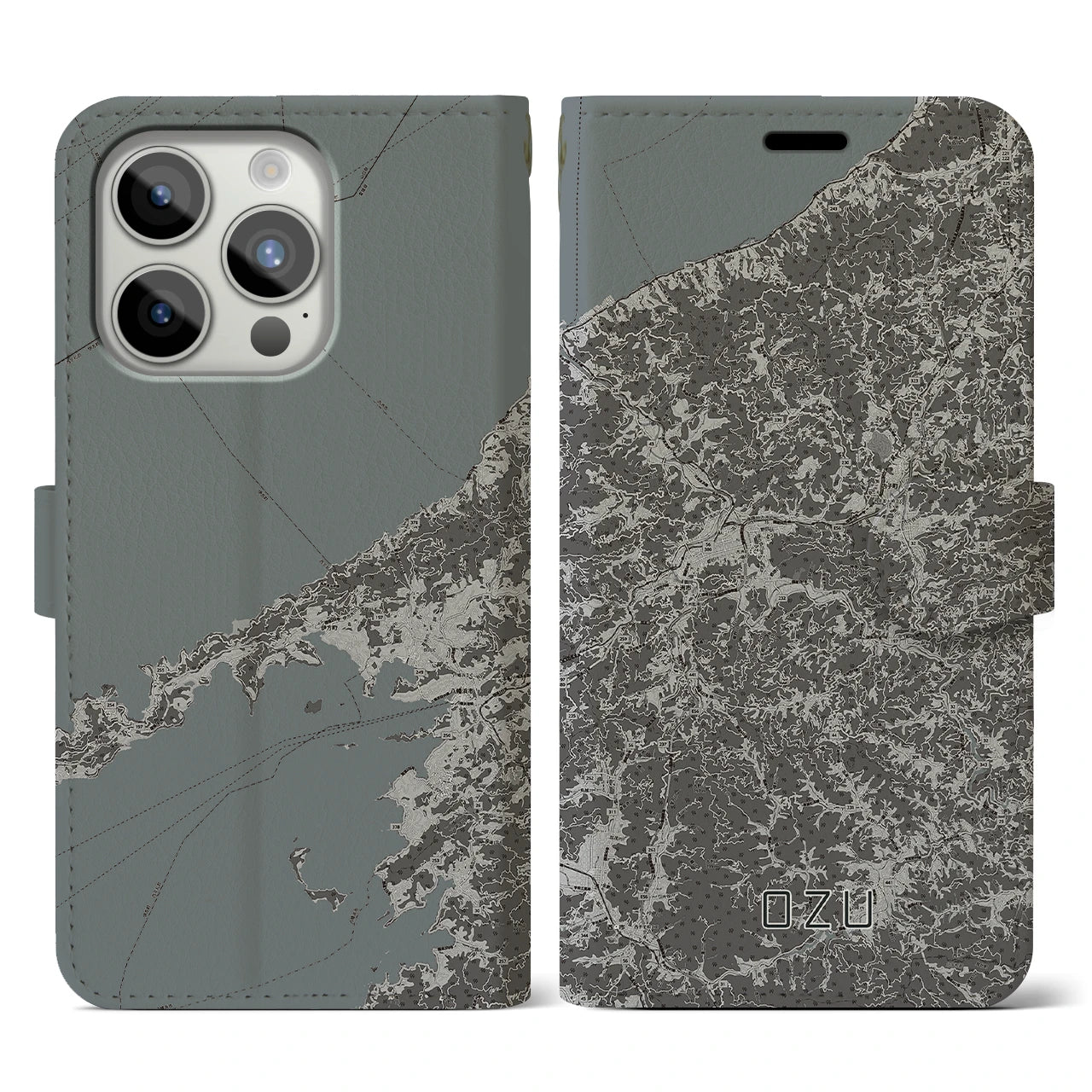 【大洲(愛媛県)】地図柄iPhoneケース(手帳タイプ)モノトーン・iPhone 15 Pro 用