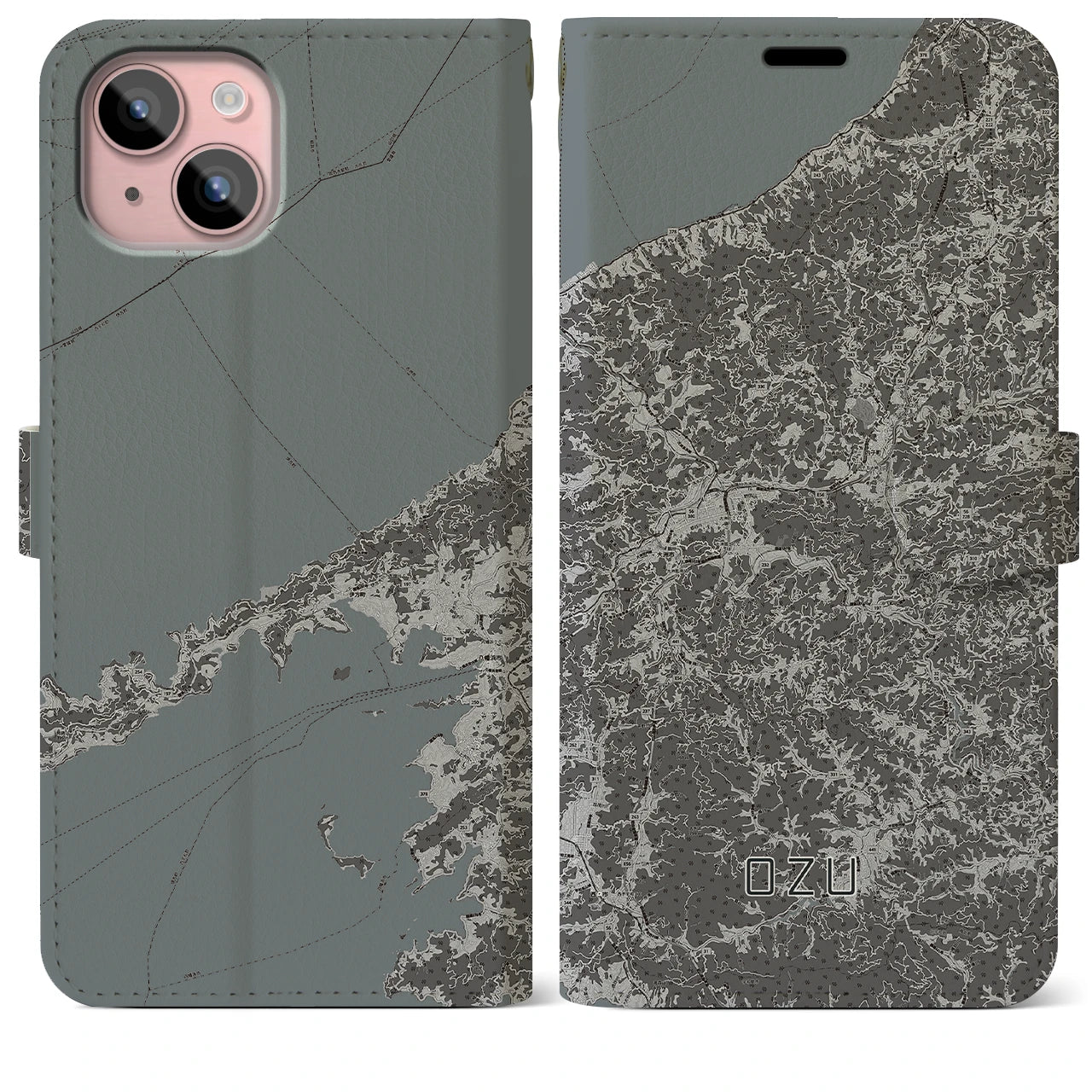 【大洲(愛媛県)】地図柄iPhoneケース(手帳タイプ)モノトーン・iPhone 15 Plus 用