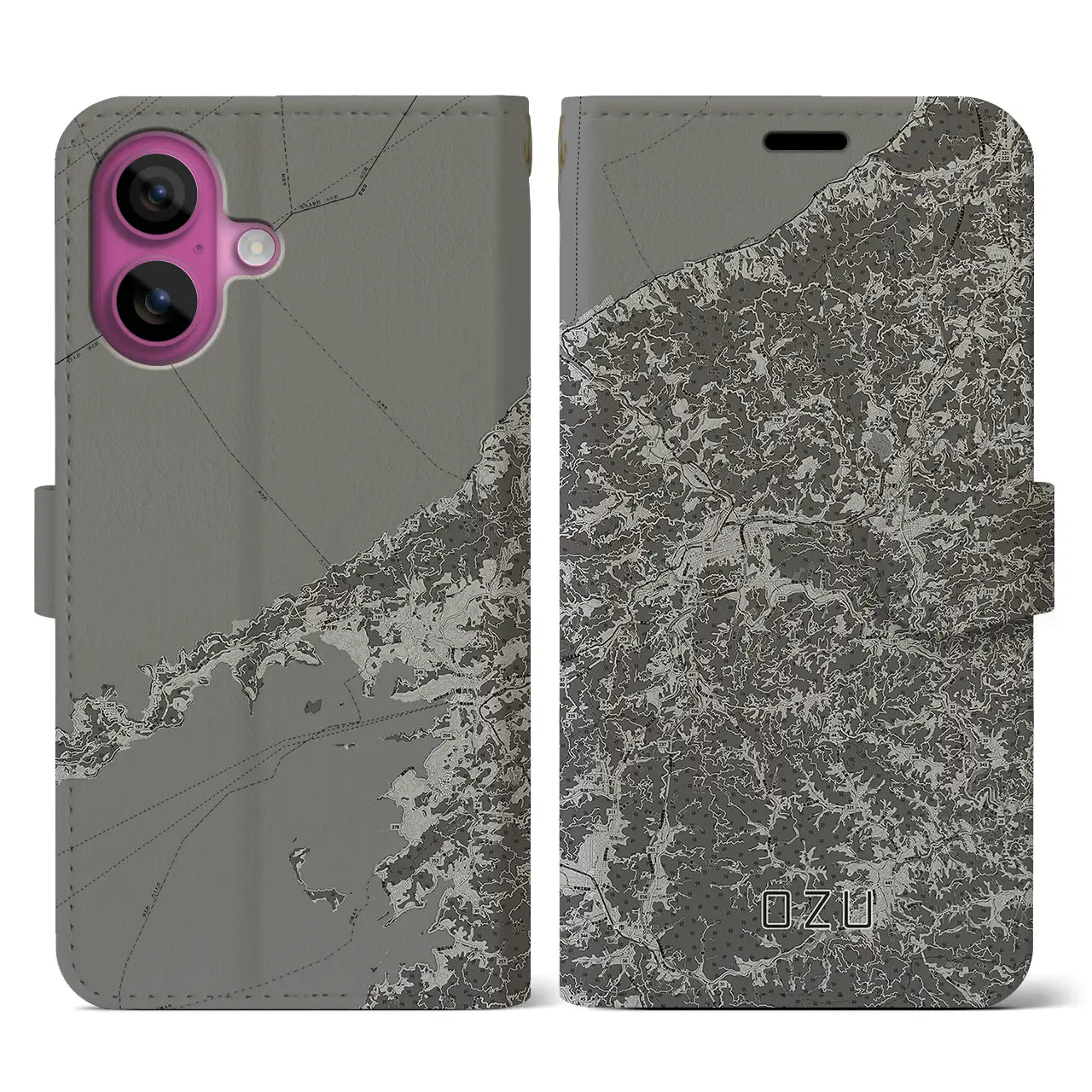 【大洲(愛媛県)】地図柄iPhoneケース(手帳タイプ)モノトーン・iPhone 16 Pro 用
