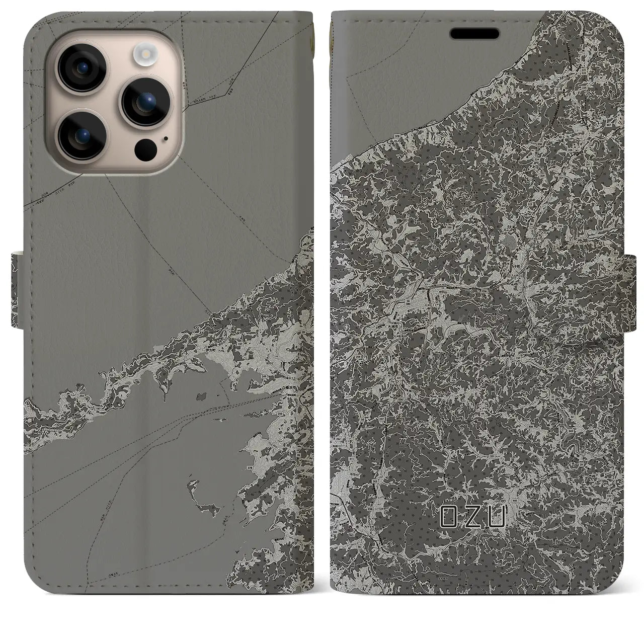 【大洲(愛媛県)】地図柄iPhoneケース(手帳タイプ)モノトーン・iPhone 16 Plus 用