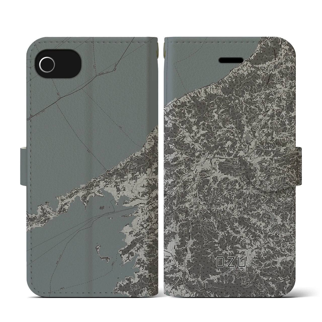 【大洲(愛媛県)】地図柄iPhoneケース(手帳タイプ)モノトーン・iPhone SE(第3 / 第2世代) / 8 / 7 / 6s / 6 用