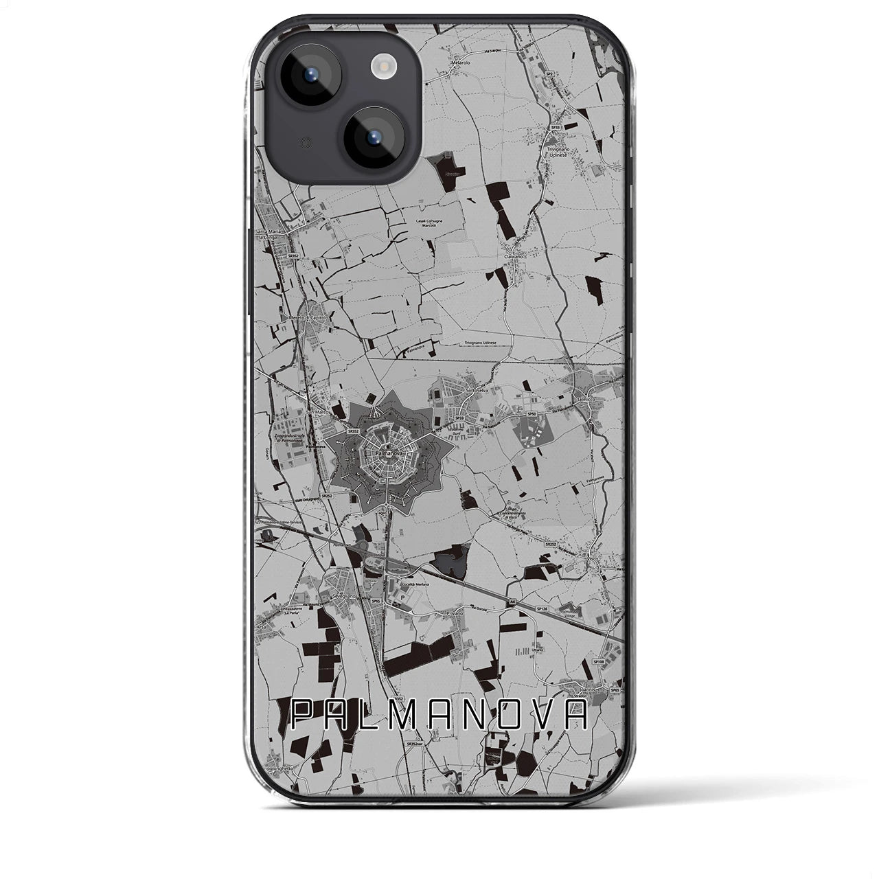 【パルマノーヴァ(イタリア)】地図柄iPhoneケース(クリアタイプ)モノトーン・iPhone 14 Plus 用