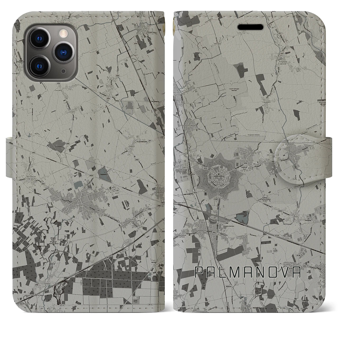 【パルマノーヴァ(イタリア)】地図柄iPhoneケース(手帳タイプ)モノトーン・iPhone 11 Pro Max 用
