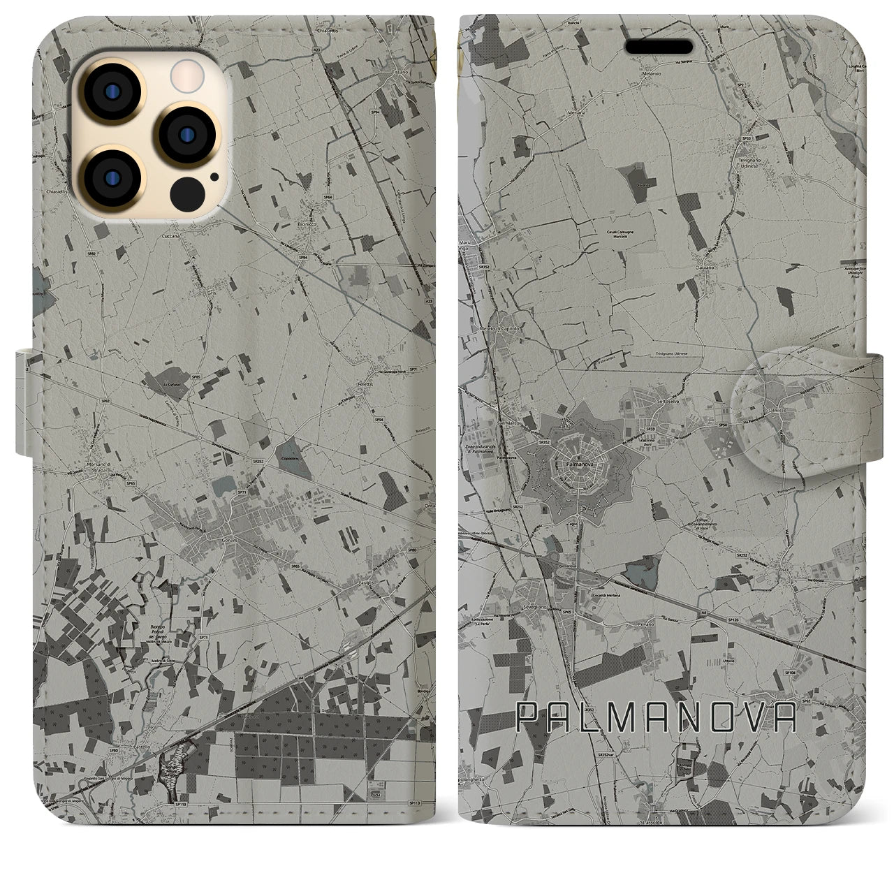 【パルマノーヴァ(イタリア)】地図柄iPhoneケース(手帳タイプ)モノトーン・iPhone 12 Pro Max 用