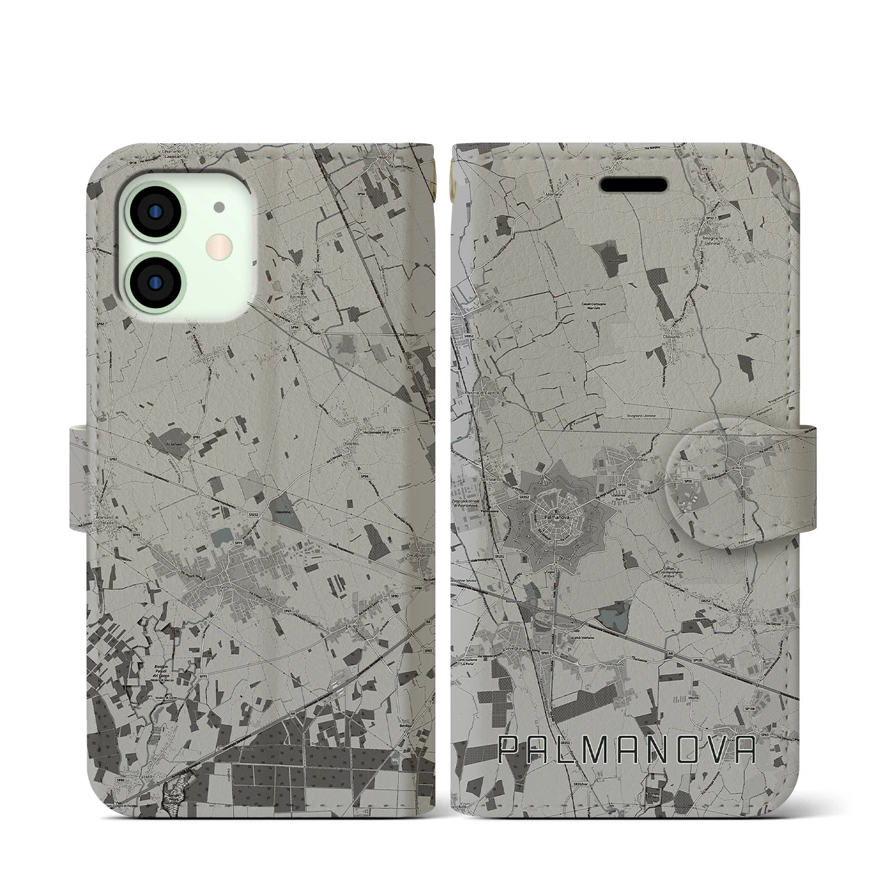 【パルマノーヴァ(イタリア)】地図柄iPhoneケース(手帳タイプ)モノトーン・iPhone 12 mini 用