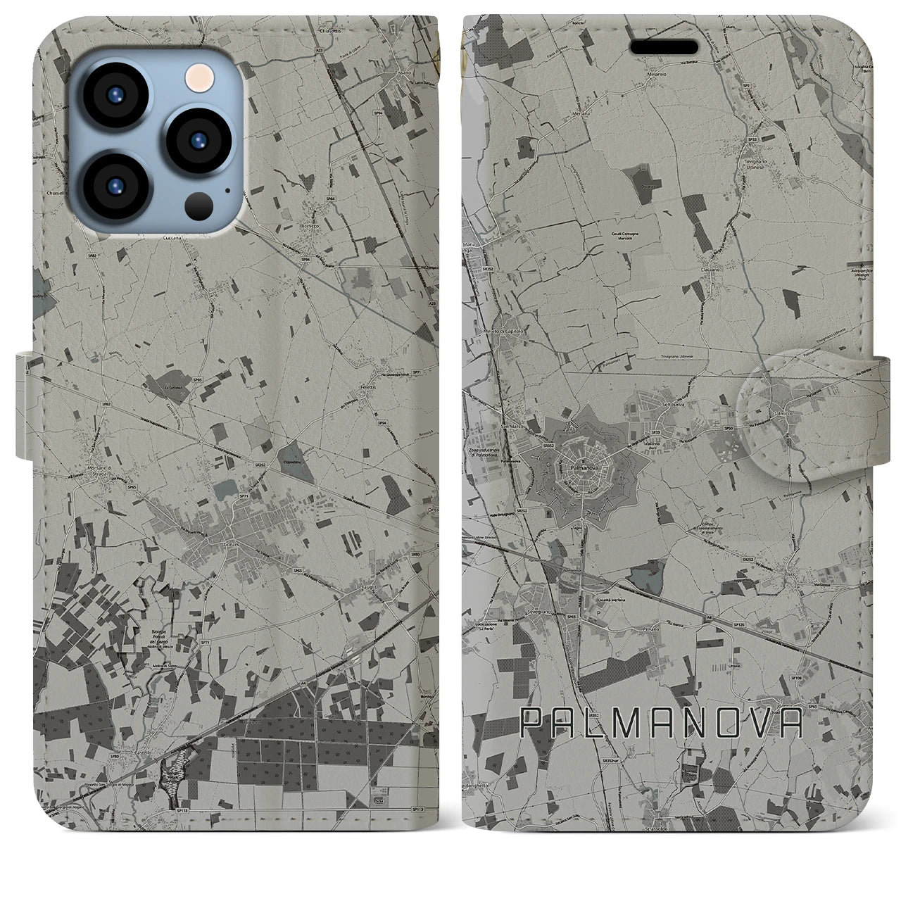 【パルマノーヴァ(イタリア)】地図柄iPhoneケース(手帳タイプ)モノトーン・iPhone 13 Pro Max 用