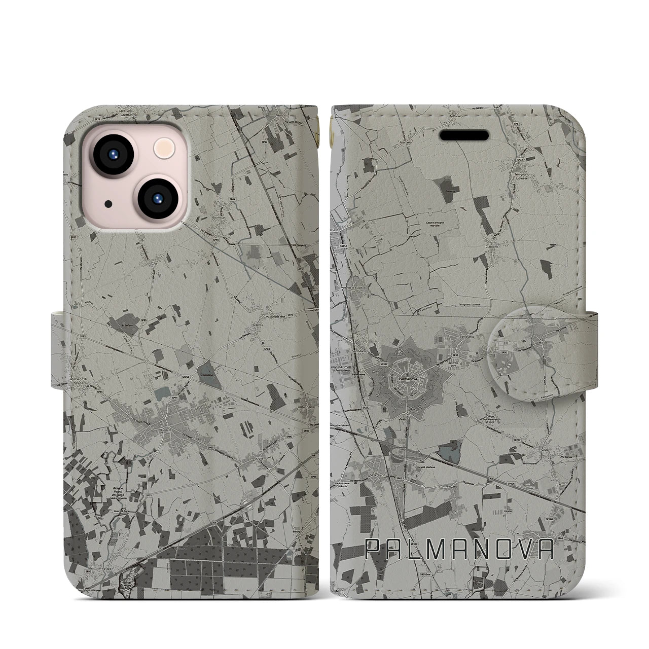 【パルマノーヴァ(イタリア)】地図柄iPhoneケース(手帳タイプ)モノトーン・iPhone 13 mini 用