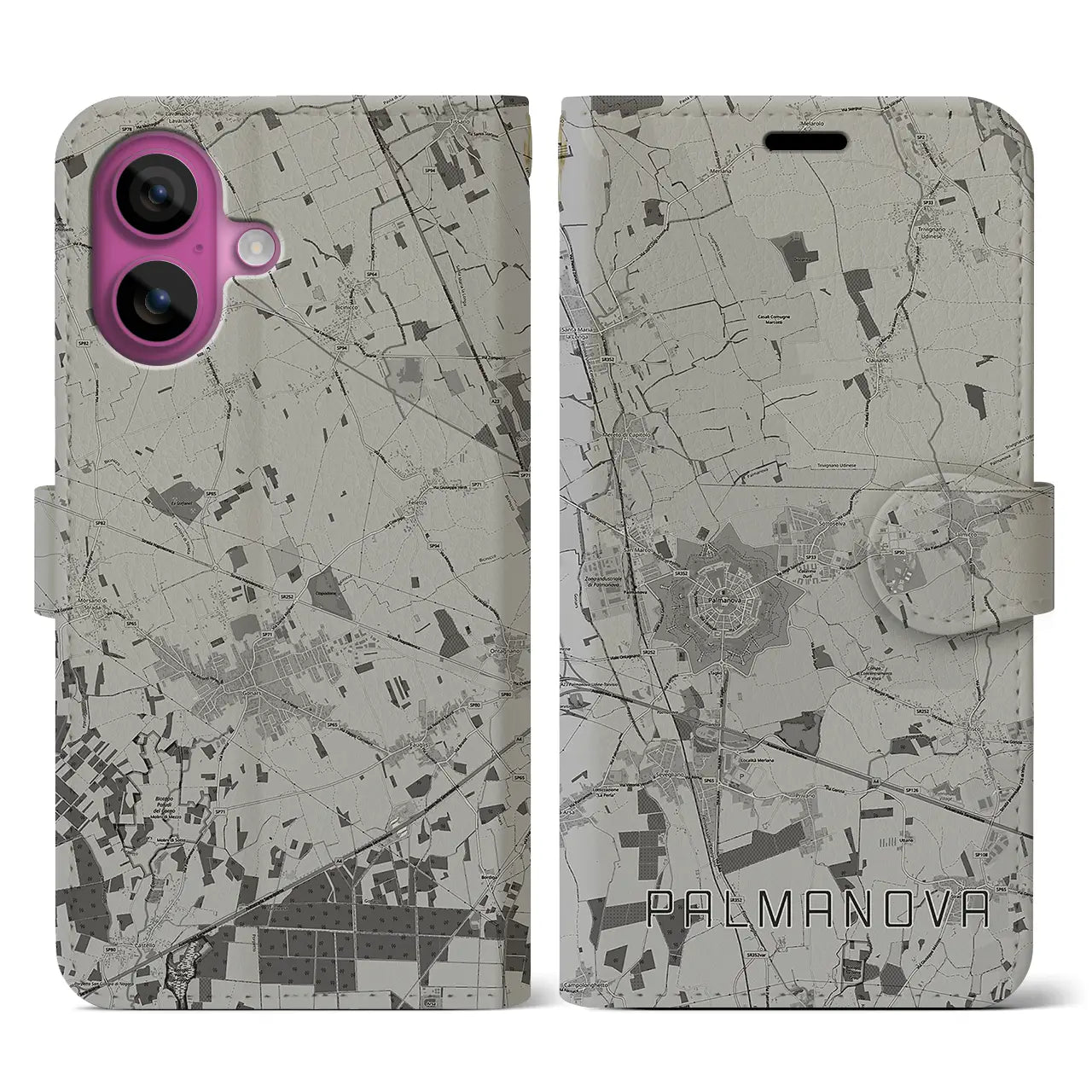【パルマノーヴァ(イタリア)】地図柄iPhoneケース(手帳タイプ)モノトーン・iPhone 16 Pro 用