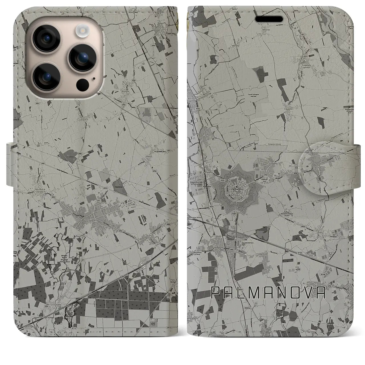 【パルマノーヴァ(イタリア)】地図柄iPhoneケース(手帳タイプ)モノトーン・iPhone 16 Plus 用