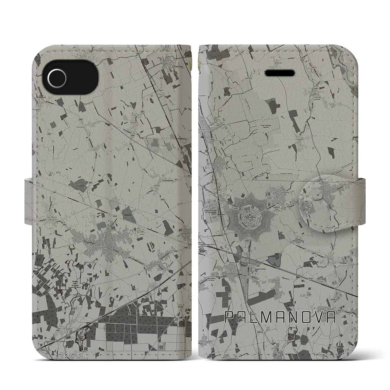 【パルマノーヴァ(イタリア)】地図柄iPhoneケース(手帳タイプ)モノトーン・iPhone SE(第3 / 第2世代) / 8 / 7 / 6s / 6 用