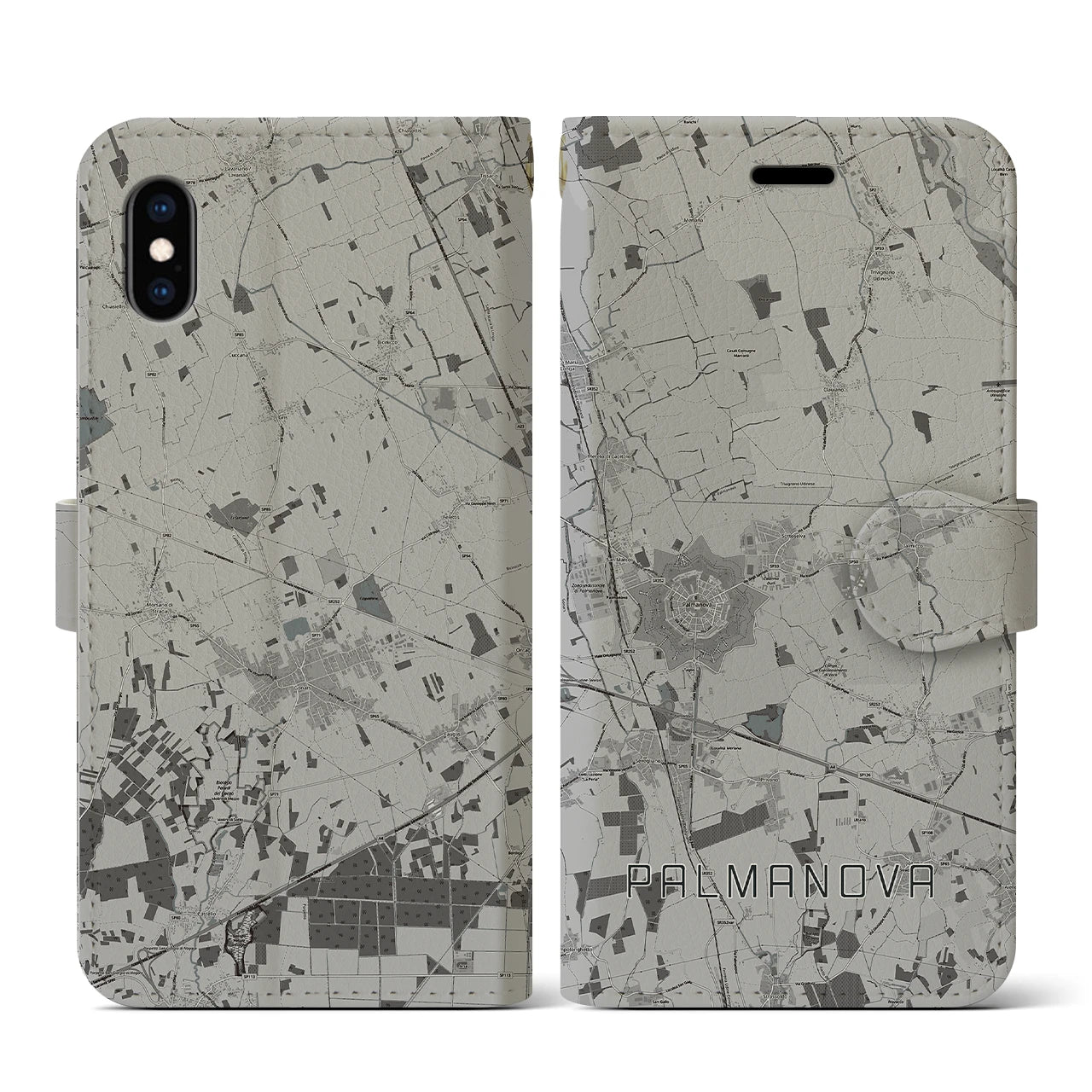 【パルマノーヴァ(イタリア)】地図柄iPhoneケース(手帳タイプ)モノトーン・iPhone XS / X 用
