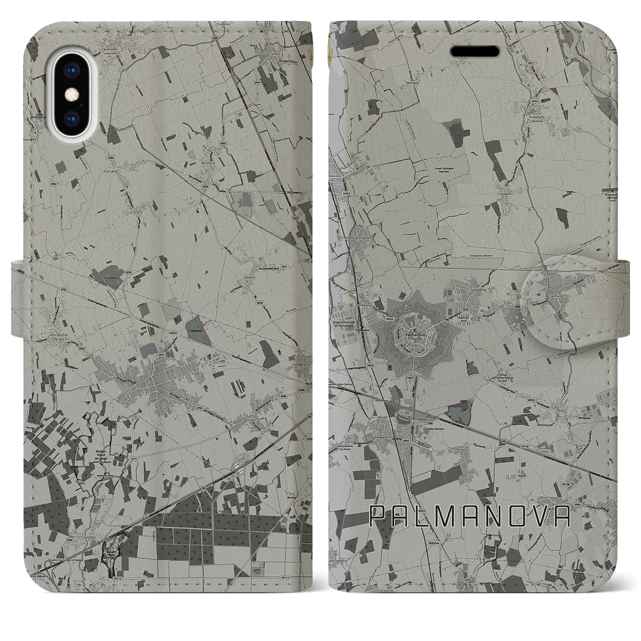 【パルマノーヴァ(イタリア)】地図柄iPhoneケース(手帳タイプ)モノトーン・iPhone XS Max 用