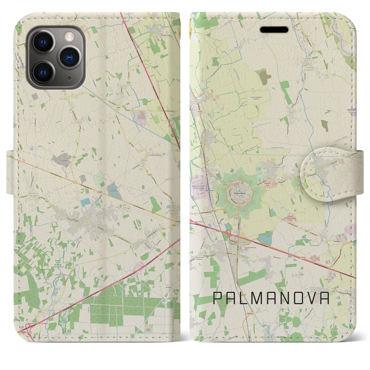 【パルマノーヴァ(イタリア)】地図柄iPhoneケース(手帳タイプ)ナチュラル・iPhone 11 Pro Max 用