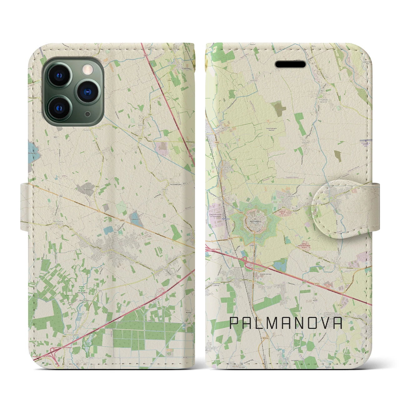 【パルマノーヴァ(イタリア)】地図柄iPhoneケース(手帳タイプ)ナチュラル・iPhone 11 Pro 用