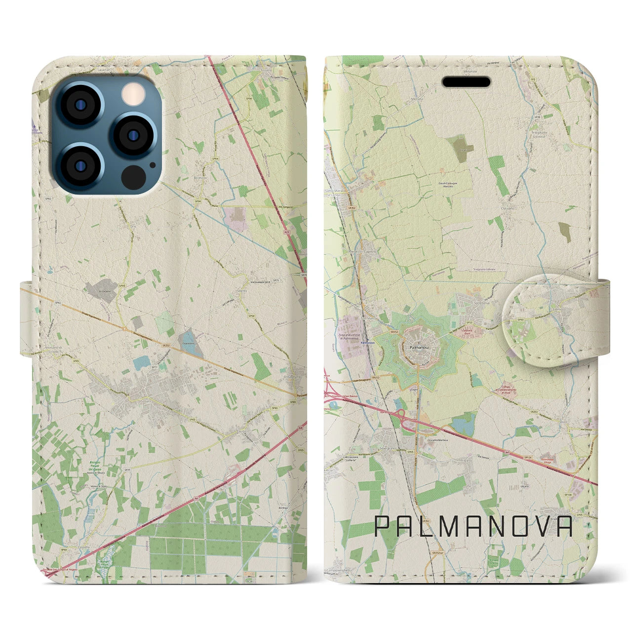 【パルマノーヴァ(イタリア)】地図柄iPhoneケース(手帳タイプ)ナチュラル・iPhone 12 / 12 Pro 用