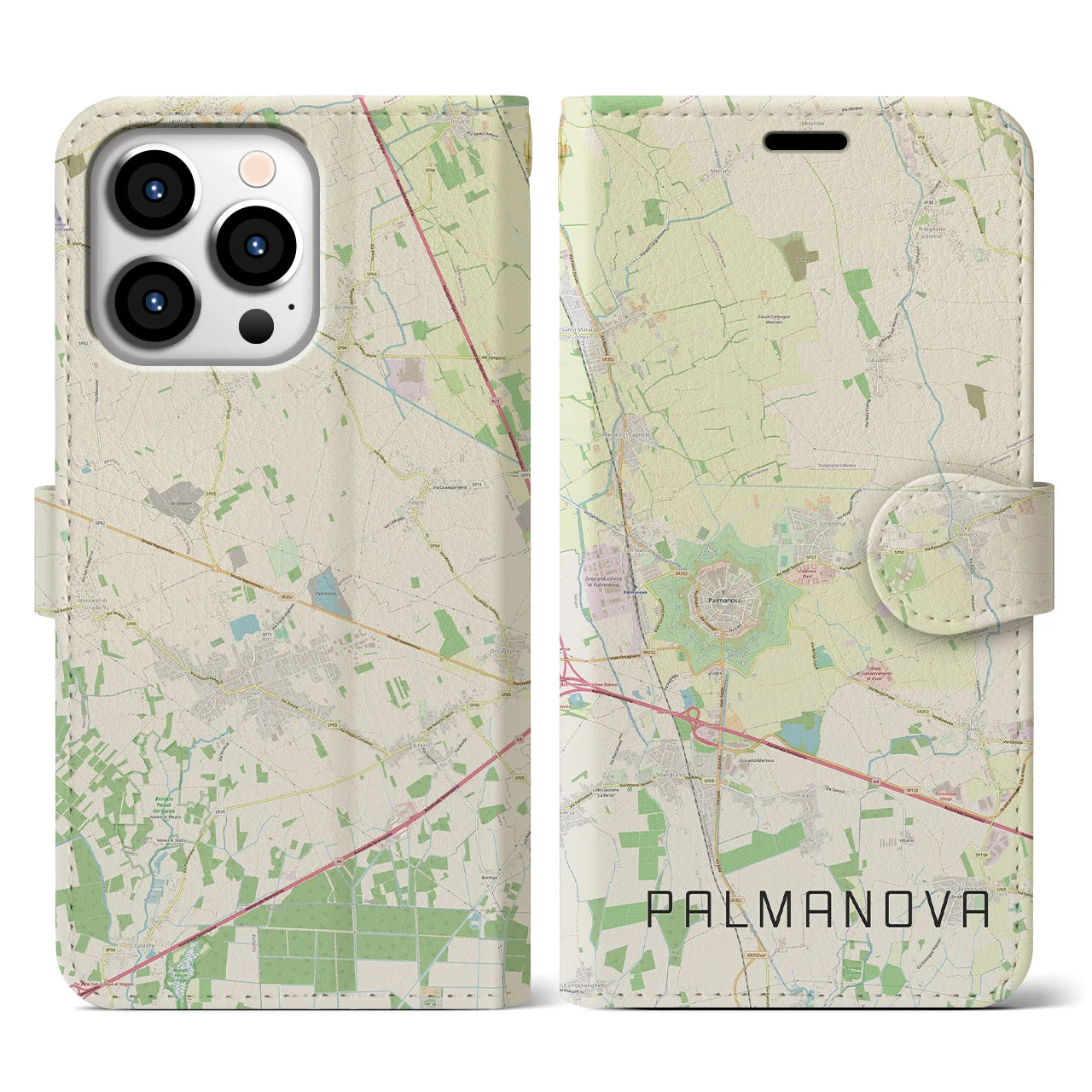 【パルマノーヴァ(イタリア)】地図柄iPhoneケース(手帳タイプ)ナチュラル・iPhone 13 Pro 用