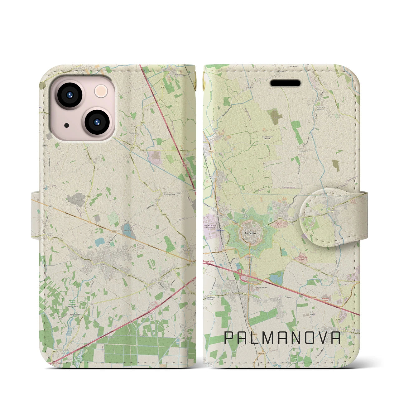 【パルマノーヴァ(イタリア)】地図柄iPhoneケース(手帳タイプ)ナチュラル・iPhone 13 mini 用