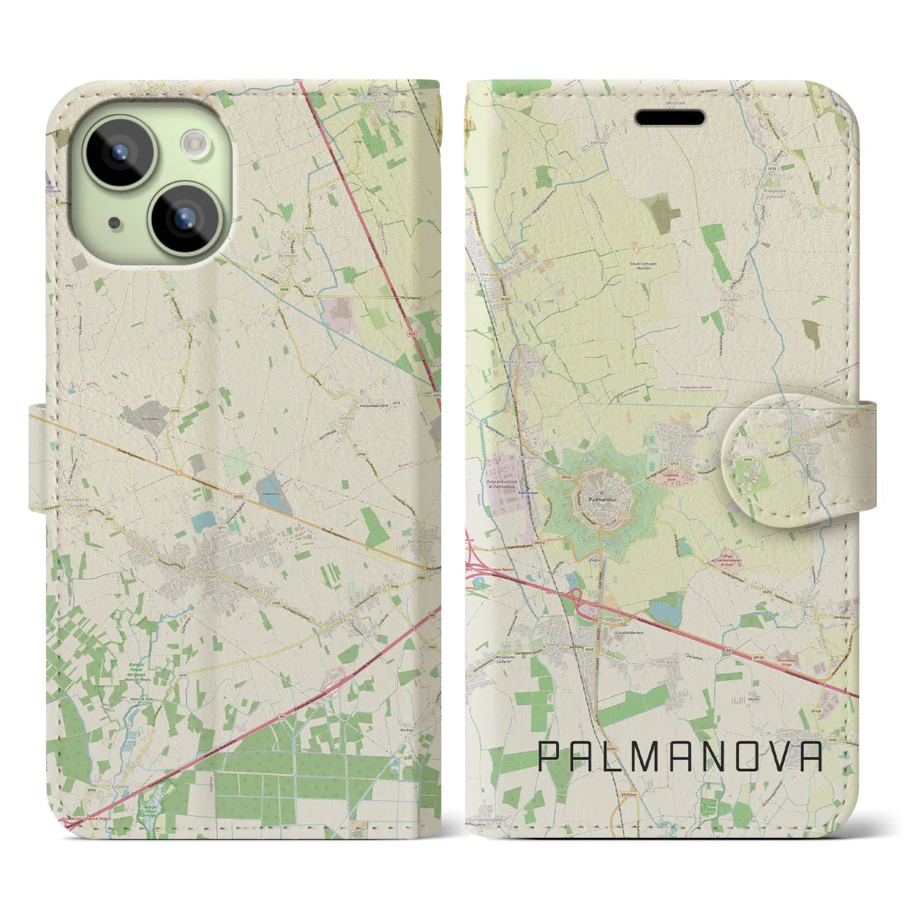 【パルマノーヴァ(イタリア)】地図柄iPhoneケース(手帳タイプ)ナチュラル・iPhone 15 用