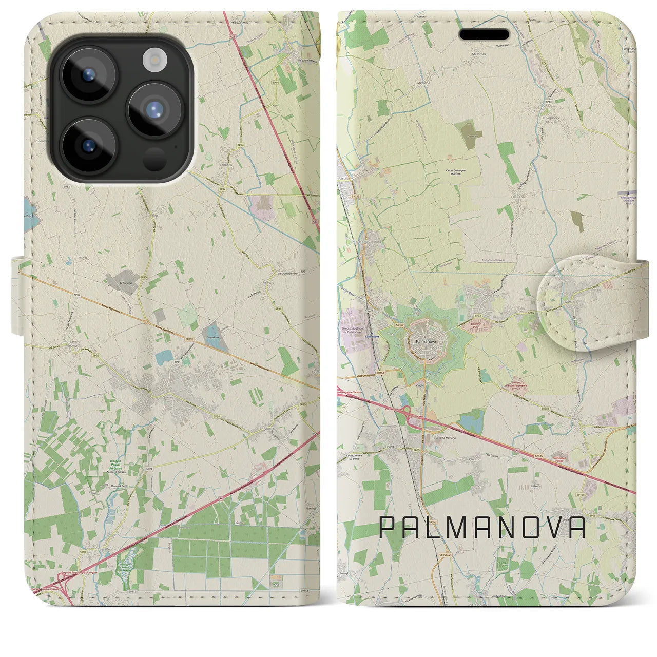 【パルマノーヴァ(イタリア)】地図柄iPhoneケース(手帳タイプ)ナチュラル・iPhone 15 Pro Max 用