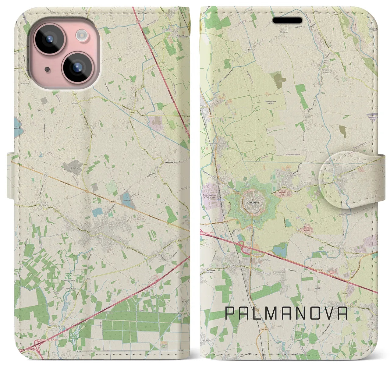 【パルマノーヴァ(イタリア)】地図柄iPhoneケース(手帳タイプ)ナチュラル・iPhone 15 Plus 用