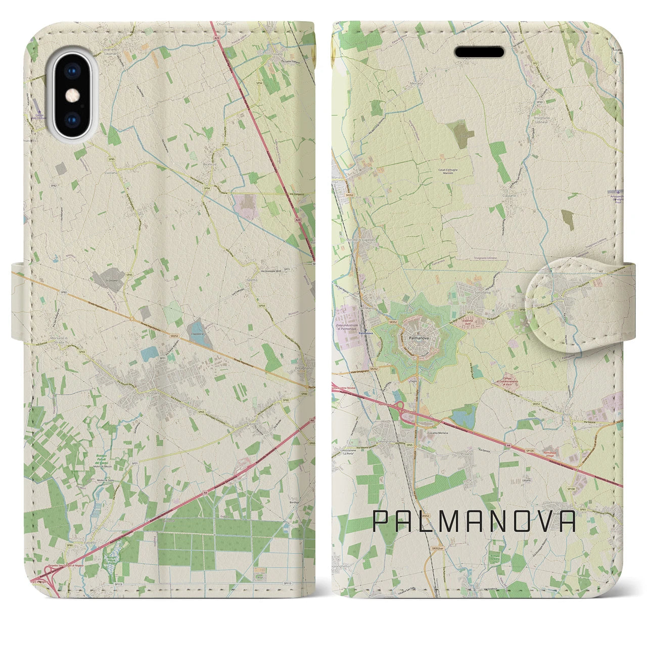 【パルマノーヴァ(イタリア)】地図柄iPhoneケース(手帳タイプ)ナチュラル・iPhone XS Max 用
