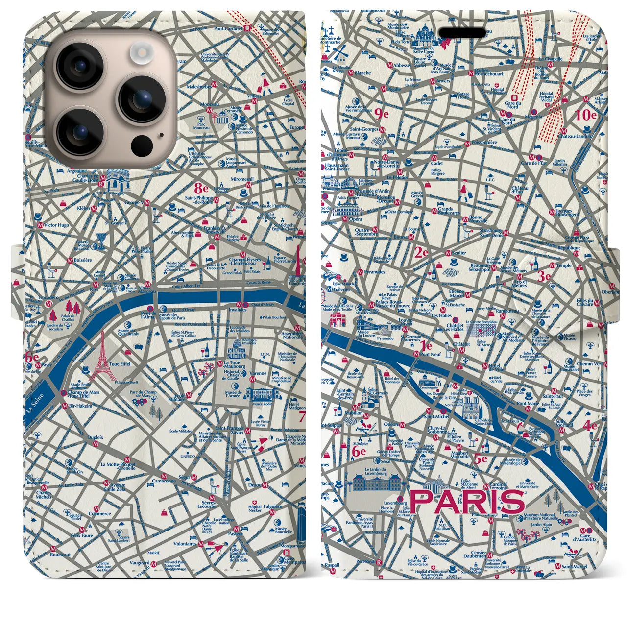 【パリ(イラスト)】イラストマップiPhoneケース(手帳タイプ)ブライト・iPhone 16 Plus 用