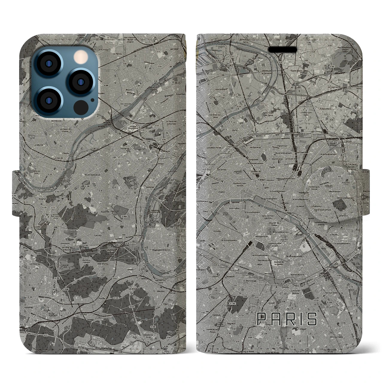 【パリ(フランス)】地図柄iPhoneケース(手帳タイプ)モノトーン・iPhone 12 / 12 Pro 用