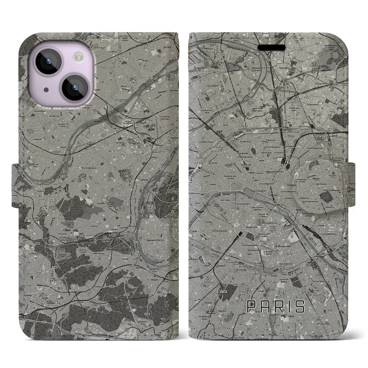 【パリ(フランス)】地図柄iPhoneケース(手帳タイプ)モノトーン・iPhone 14 用