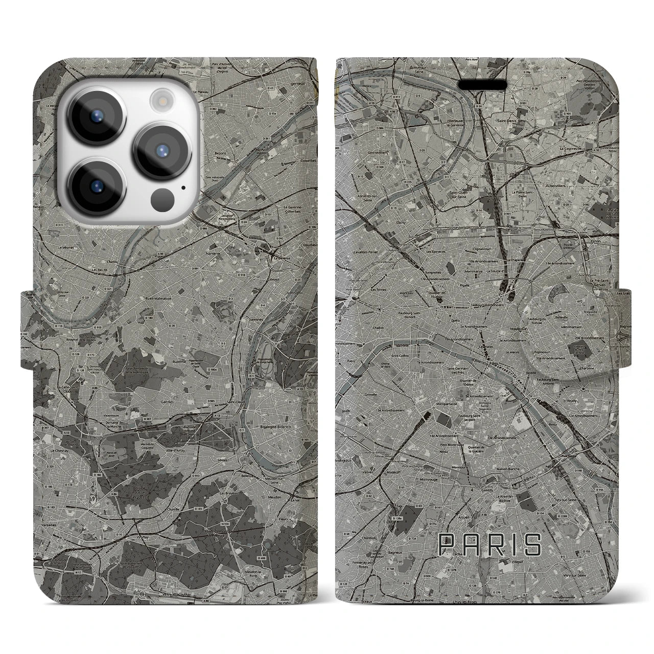 【パリ(フランス)】地図柄iPhoneケース(手帳タイプ)モノトーン・iPhone 14 Pro 用