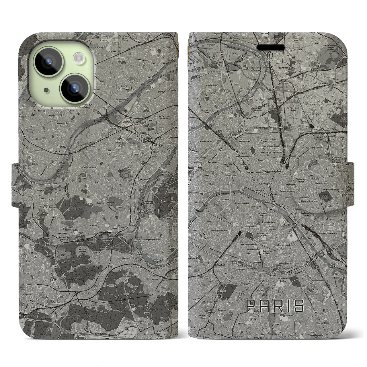 【パリ(フランス)】地図柄iPhoneケース(手帳タイプ)モノトーン・iPhone 15 用