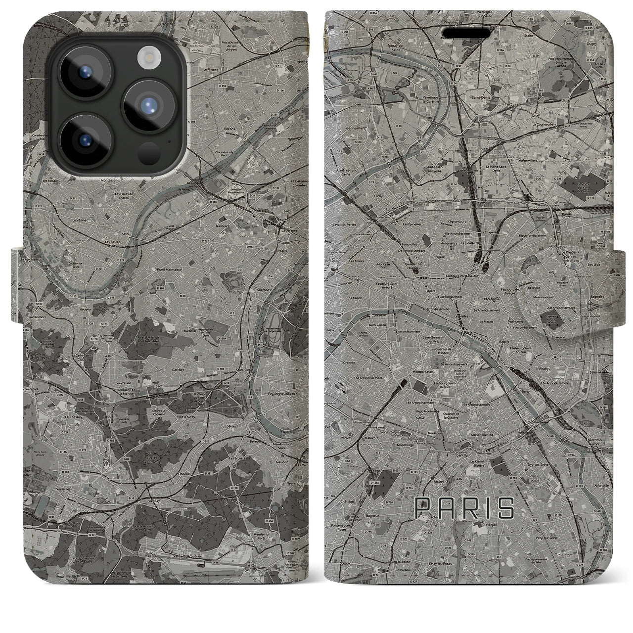 【パリ(フランス)】地図柄iPhoneケース(手帳タイプ)モノトーン・iPhone 15 Pro Max 用