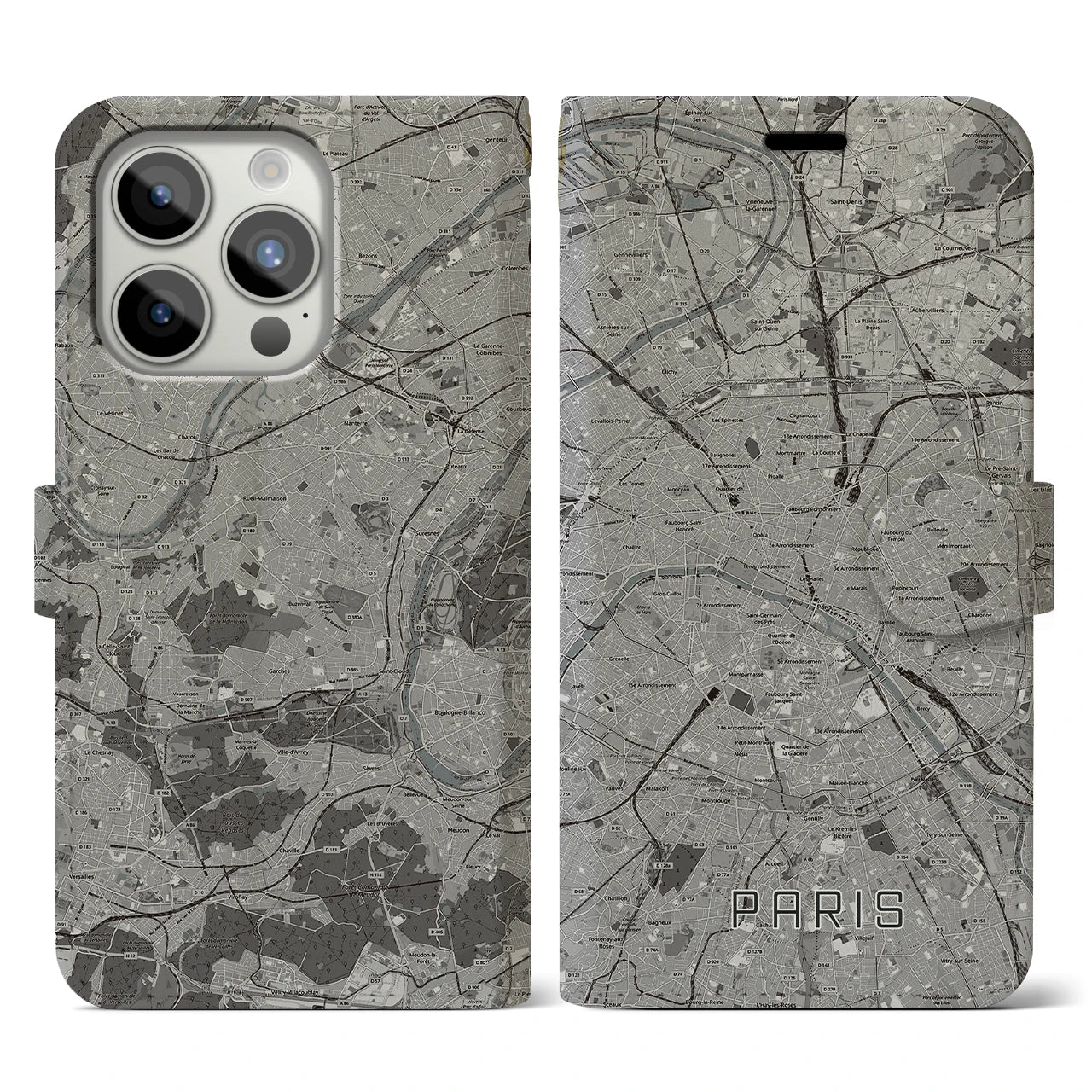 【パリ(フランス)】地図柄iPhoneケース(手帳タイプ)モノトーン・iPhone 15 Pro 用