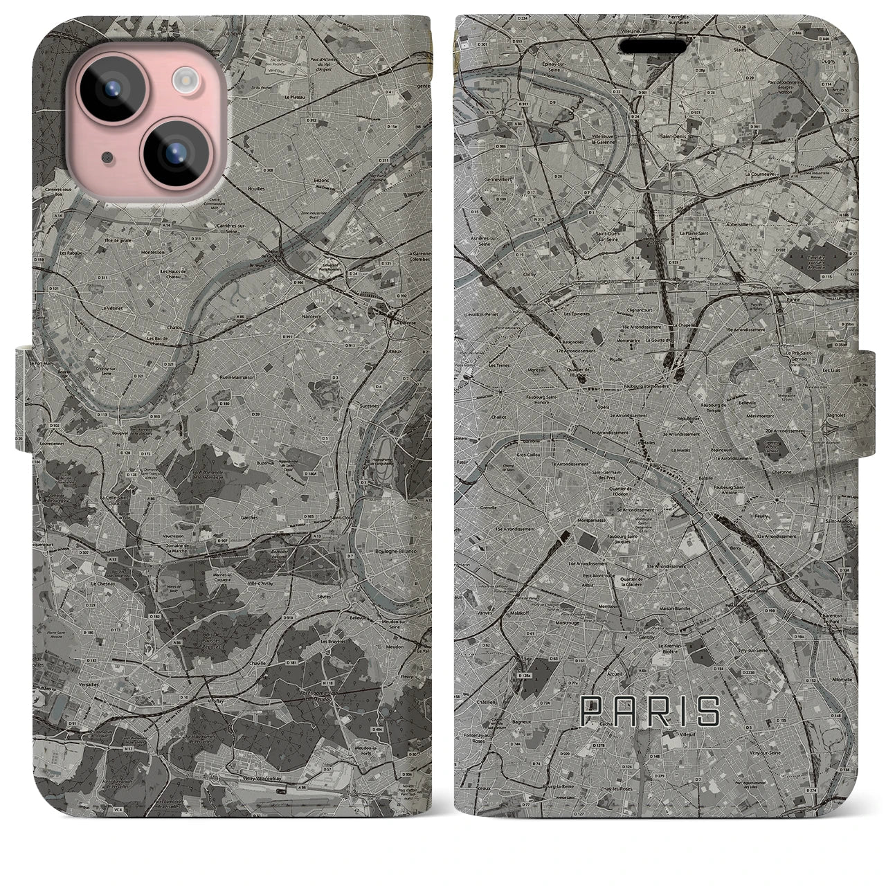 【パリ(フランス)】地図柄iPhoneケース(手帳タイプ)モノトーン・iPhone 15 Plus 用