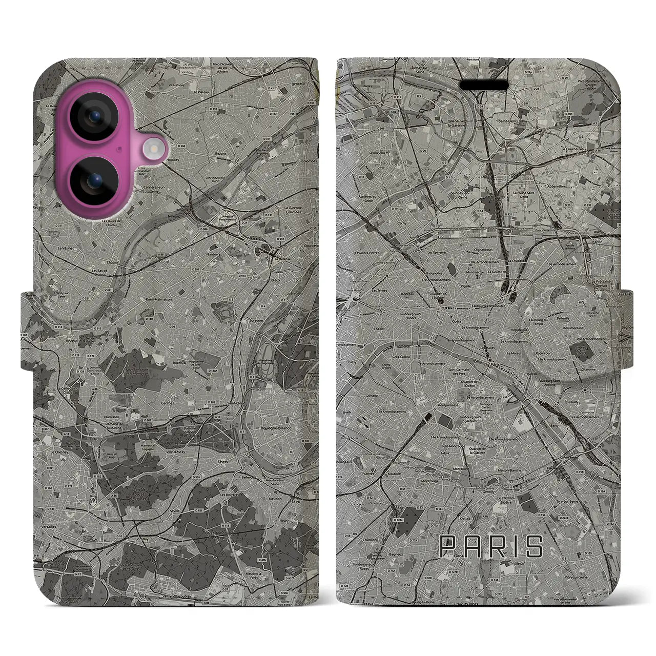 【パリ(フランス)】地図柄iPhoneケース(手帳タイプ)モノトーン・iPhone 16 Pro 用