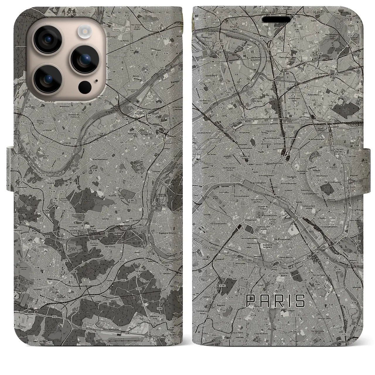 【パリ(フランス)】地図柄iPhoneケース(手帳タイプ)モノトーン・iPhone 16 Plus 用