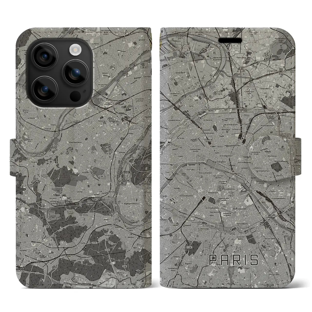【パリ(フランス)】地図柄iPhoneケース(手帳タイプ)モノトーン・iPhone 16 用