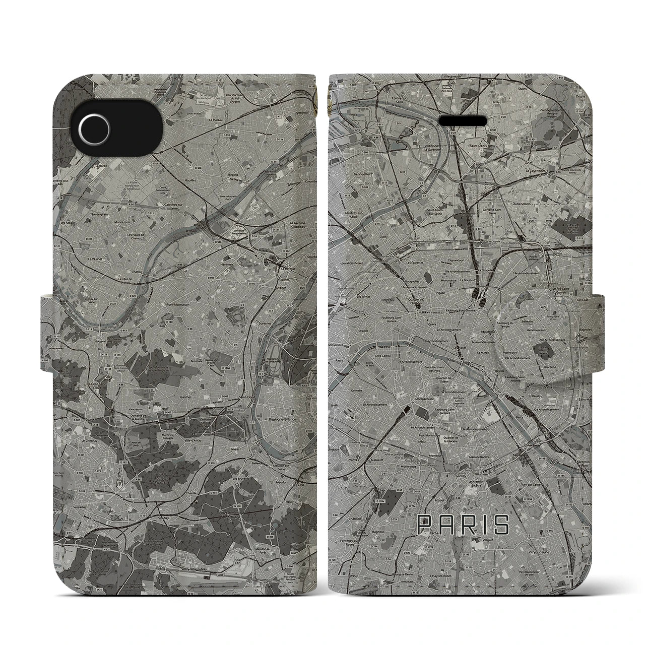 【パリ(フランス)】地図柄iPhoneケース(手帳タイプ)モノトーン・iPhone SE(第3 / 第2世代) / 8 / 7 / 6s / 6 用