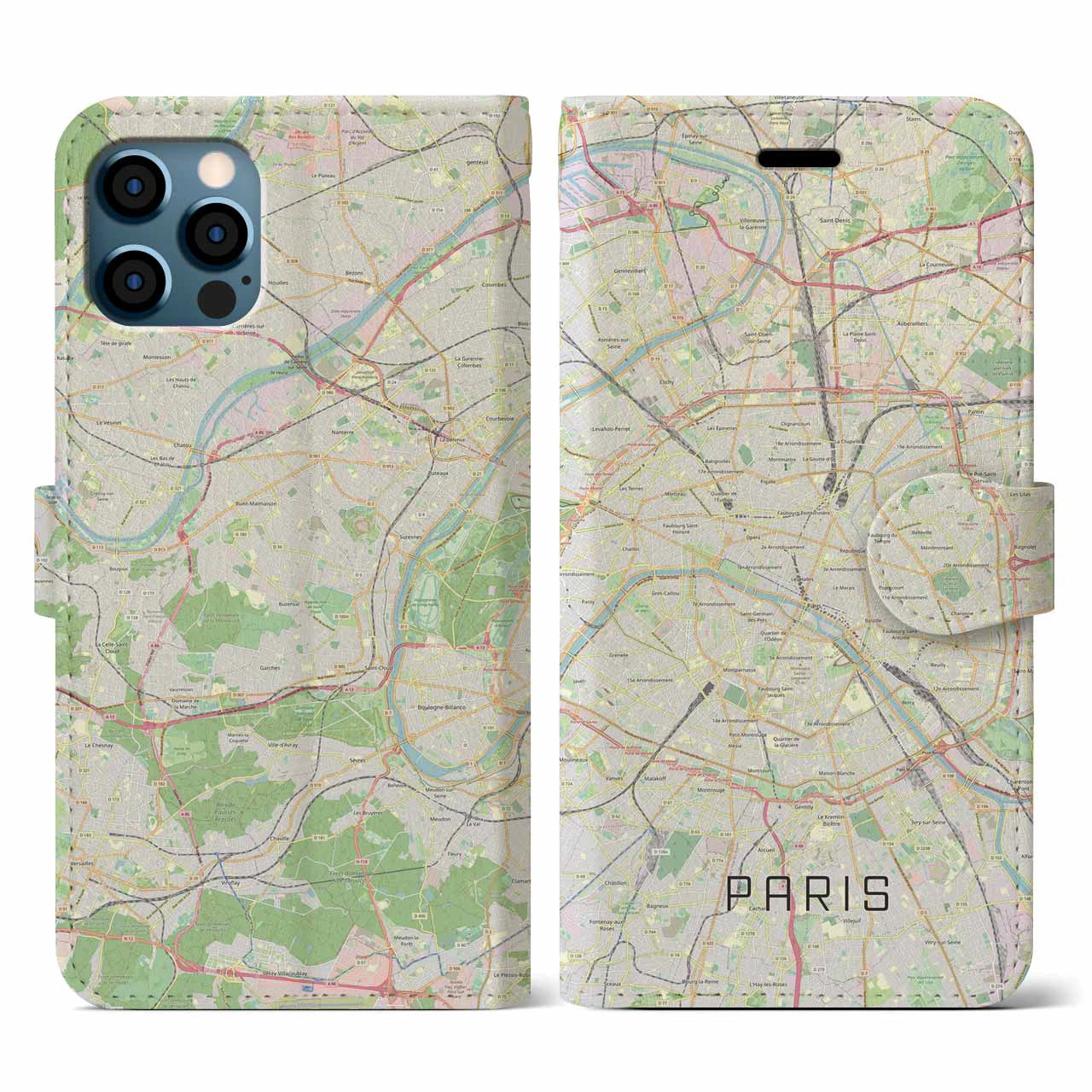 【パリ(フランス)】地図柄iPhoneケース(手帳タイプ)ナチュラル・iPhone 12 / 12 Pro 用