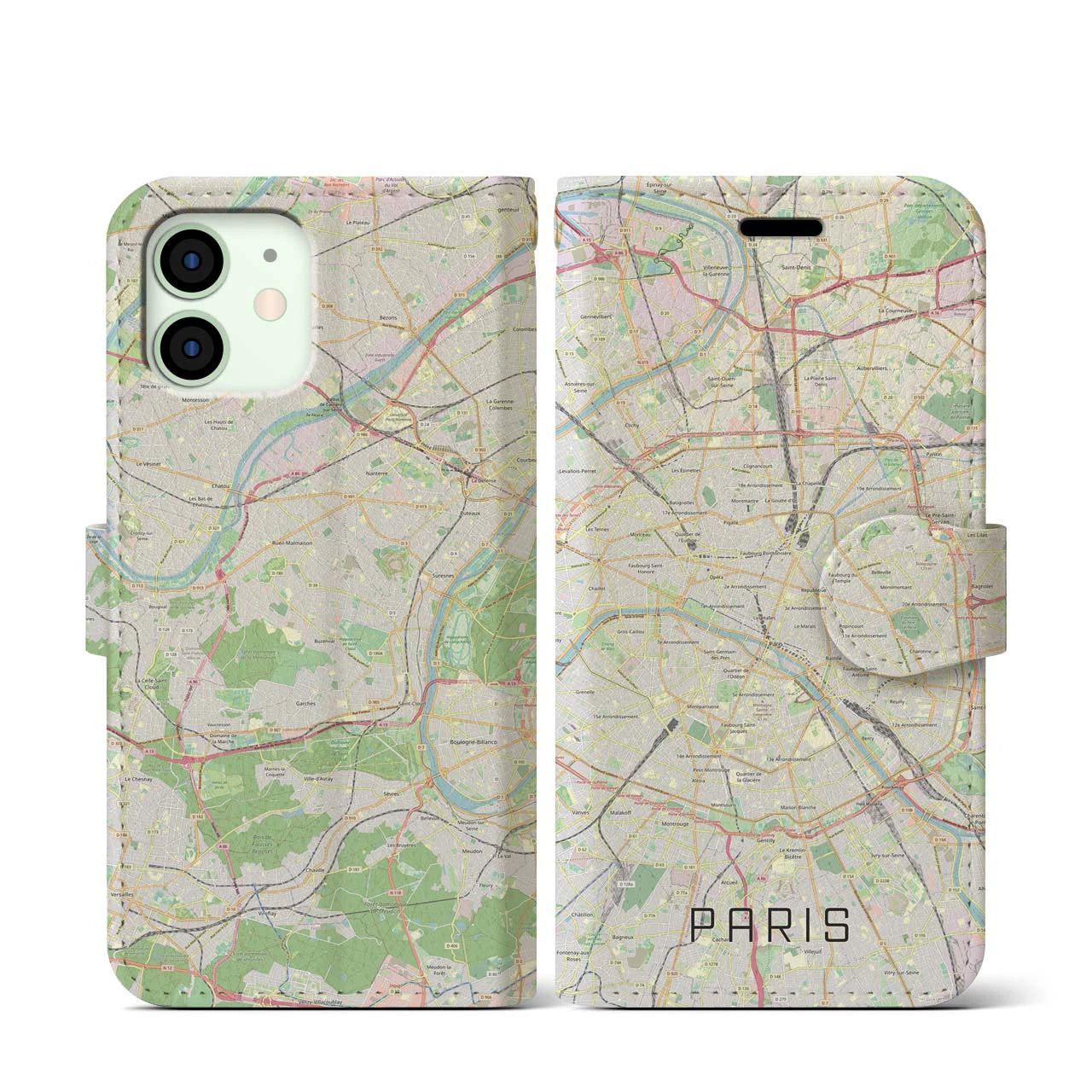 【パリ(フランス)】地図柄iPhoneケース(手帳タイプ)モノトーン・iPhone 12 mini 用