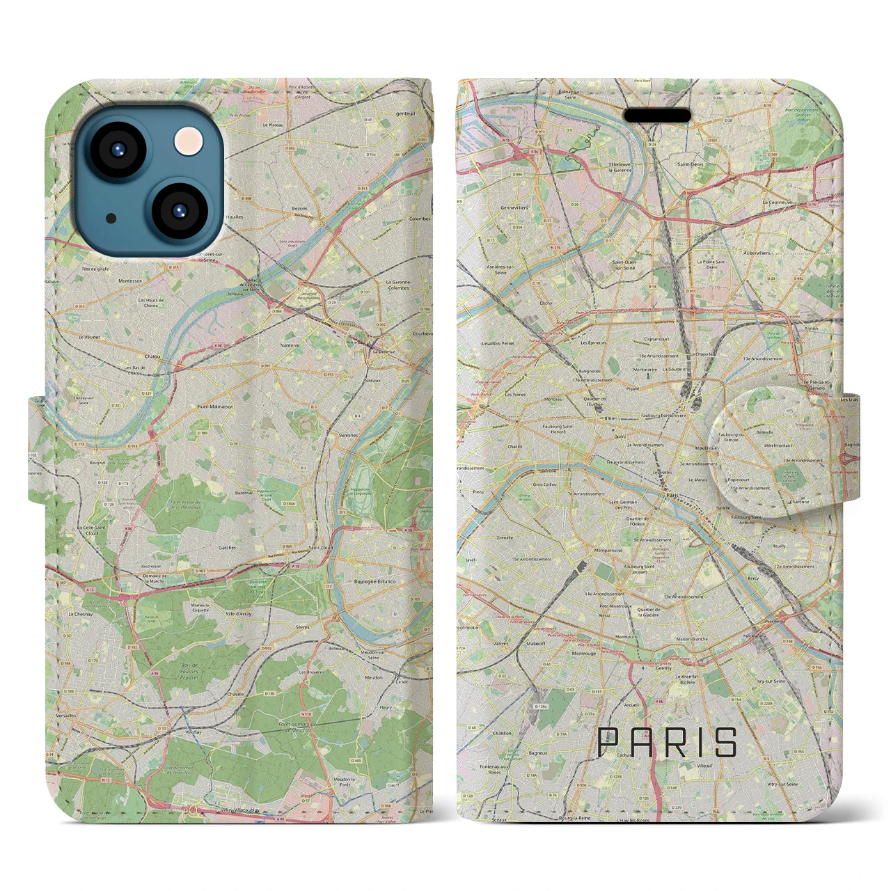 【パリ(フランス)】地図柄iPhoneケース(手帳タイプ)モノトーン・iPhone 13 用