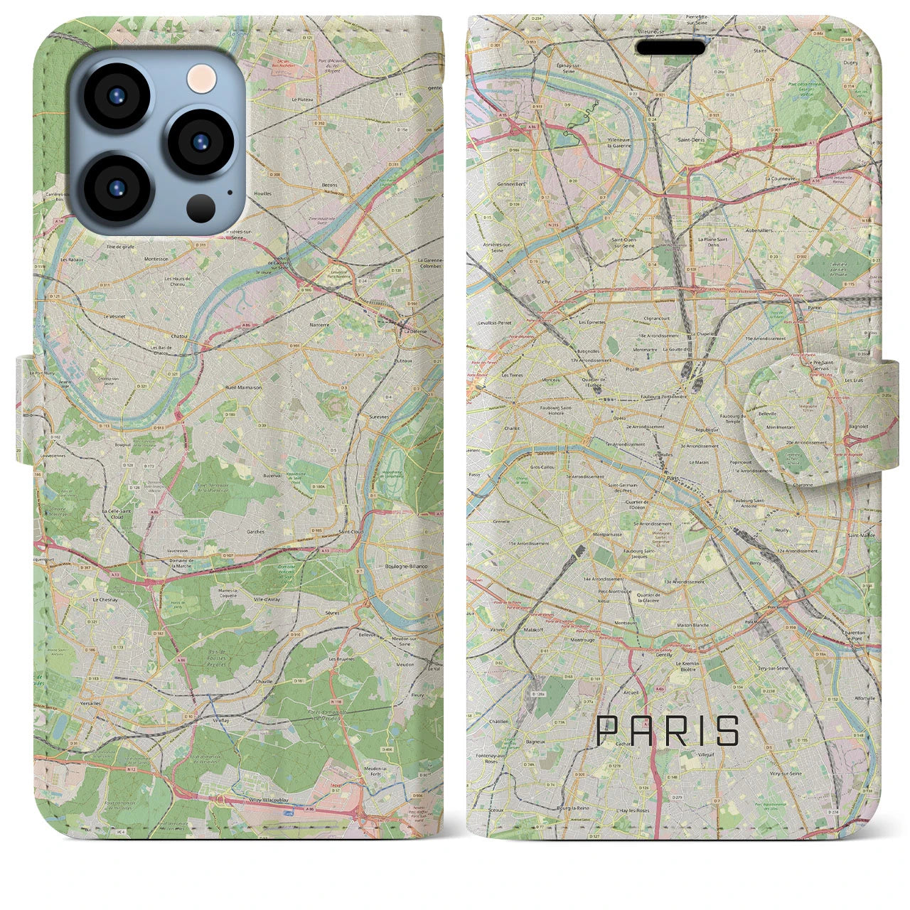 【パリ(フランス)】地図柄iPhoneケース(手帳タイプ)モノトーン・iPhone 13 Pro Max 用