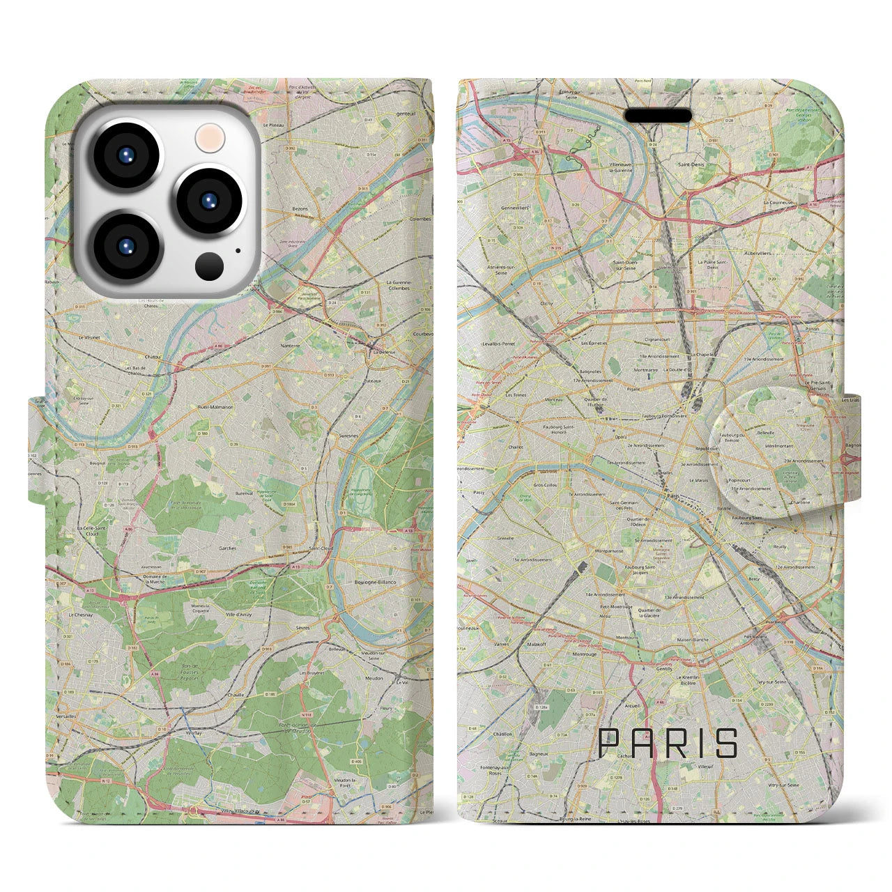 【パリ(フランス)】地図柄iPhoneケース(手帳タイプ)モノトーン・iPhone 13 Pro 用