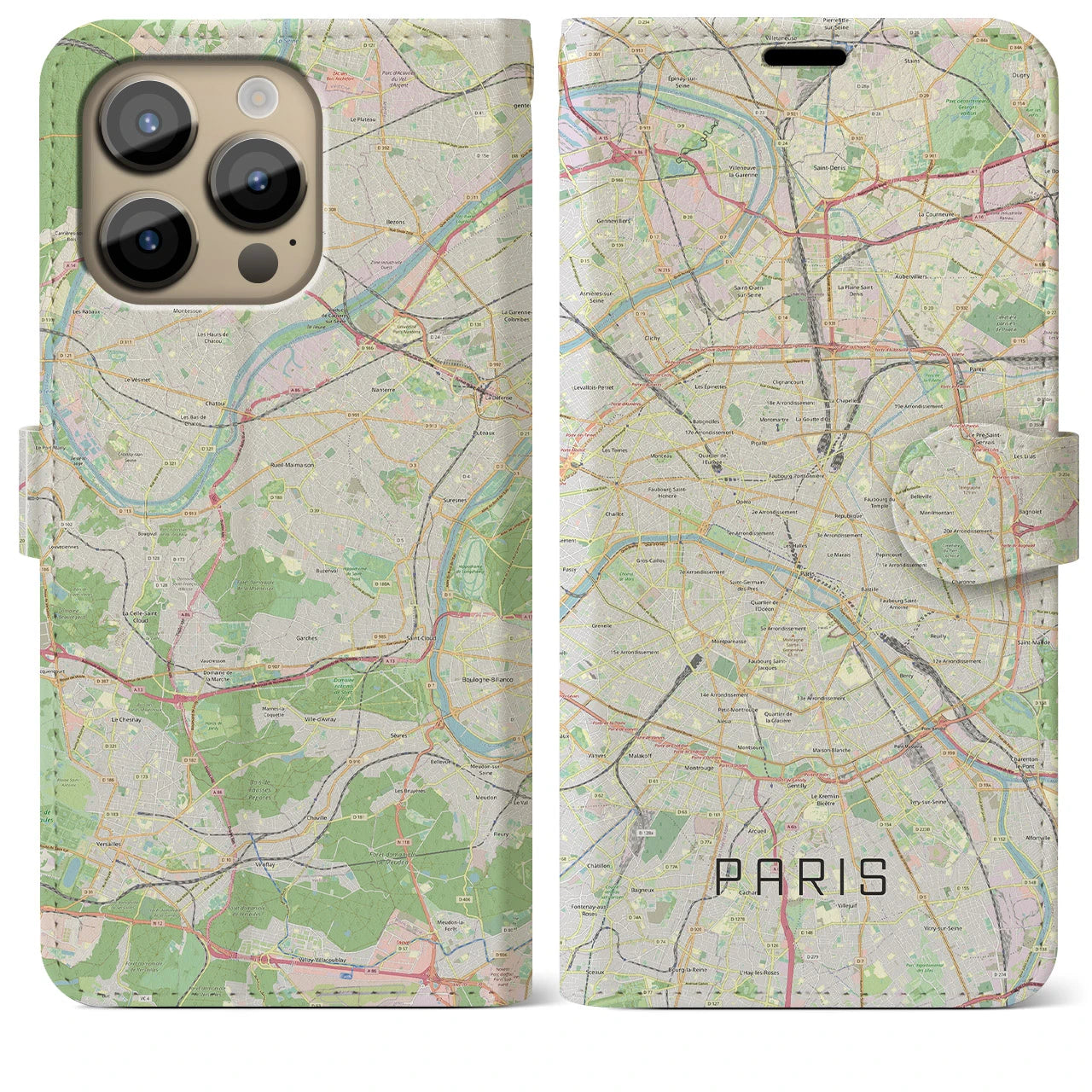 【パリ(フランス)】地図柄iPhoneケース(手帳タイプ)モノトーン・iPhone 14 Pro Max 用