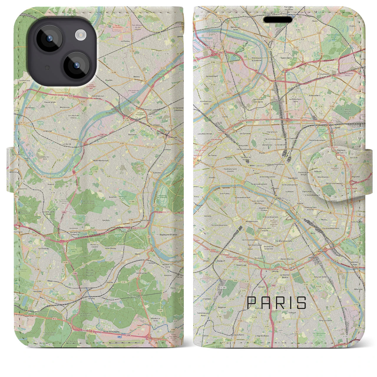 【パリ(フランス)】地図柄iPhoneケース(手帳タイプ)モノトーン・iPhone 14 Plus 用
