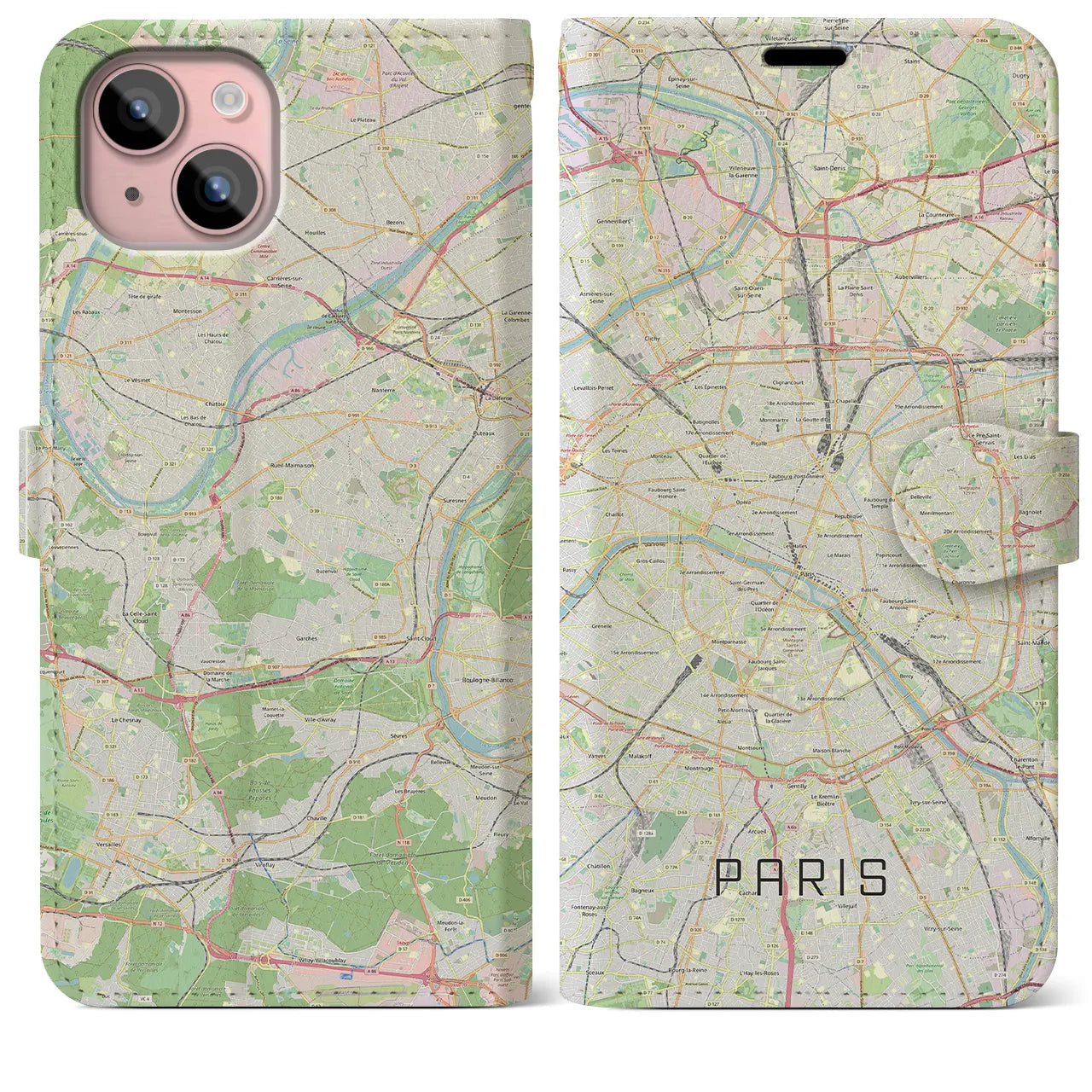 【パリ(フランス)】地図柄iPhoneケース(手帳タイプ)ナチュラル・iPhone 15 Plus 用